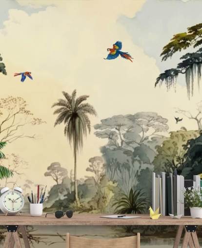 green jungle wallpaper mural with birds for bedroom