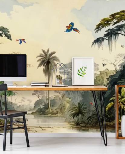 papier peint mural de la jungle verte avec des oiseaux pour chambre