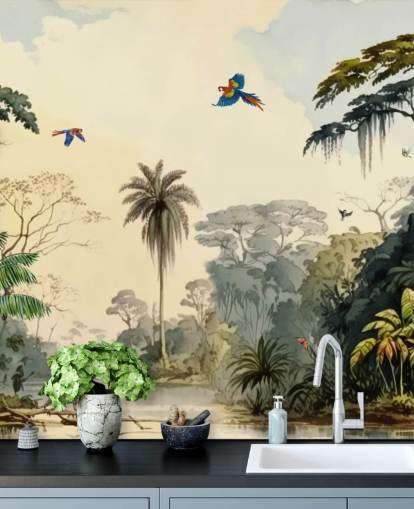green jungle wallpaper mural with birds for bedroom