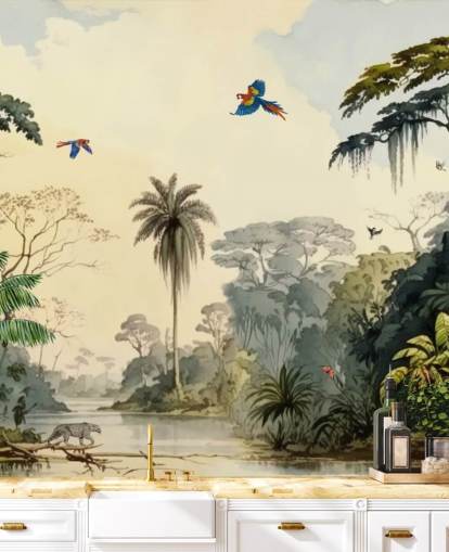 green jungle wallpaper mural with birds for bedroom