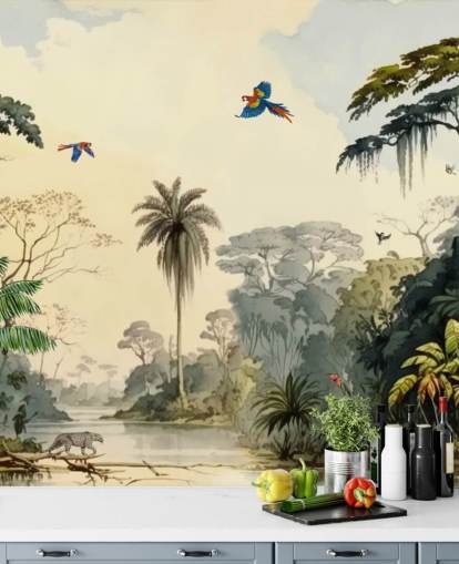 green jungle wallpaper mural with birds for bedroom