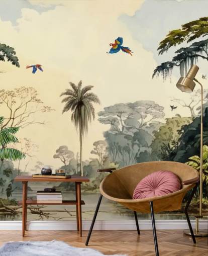 green jungle wallpaper mural with birds for bedroom