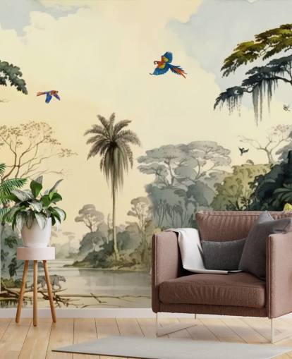 papier peint mural de la jungle verte avec des oiseaux pour chambre