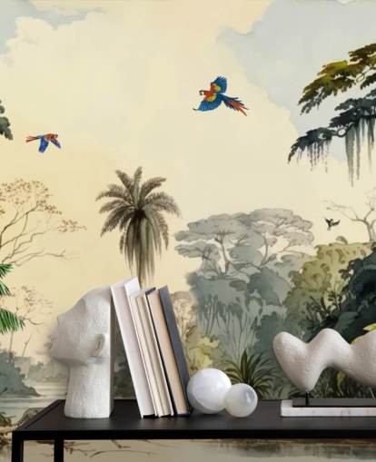 mural de papel pintado de jungla verde con pájaros para dormitorio mural de papel pintado de jungla verde con pájaros para dormitorio