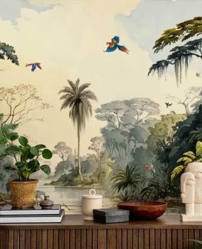 mural de papel pintado de jungla verde con pájaros para dormitorio