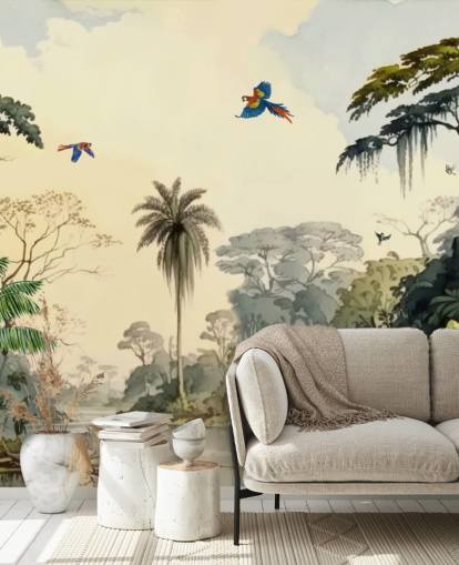 green jungle wallpaper mural with birds for bedroom