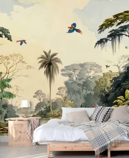 papier peint mural de la jungle verte avec des oiseaux pour chambre
