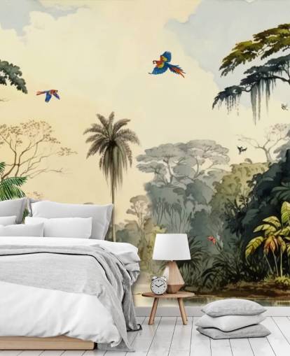 carta da parati murale verde giungla con uccelli per camera da letto