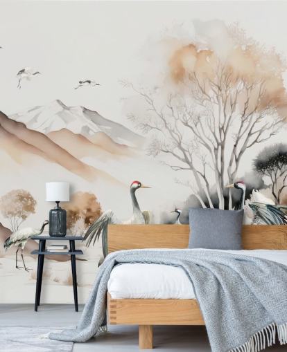 Oriental Wallpaper with cranes doing the Hokkaido dance