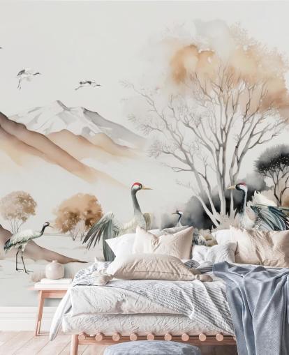 Orientalische Tapete mit Kranichen, die den Hokkaido-Tanz tanzen