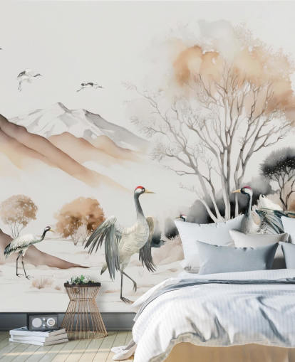 Papel pintado oriental con grullas bailando Hokkaido Papel pintado oriental con grullas bailando Hokkaido