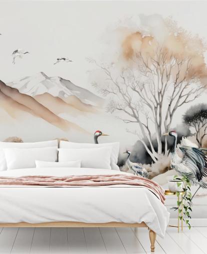 Papier peint oriental avec des grues faisant la danse d'Hokkaido Papier peint oriental avec des grues faisant la danse d'Hokkaido