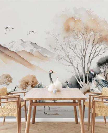 Oosters behang met kraanvogels die de Hokkaido-dans doen