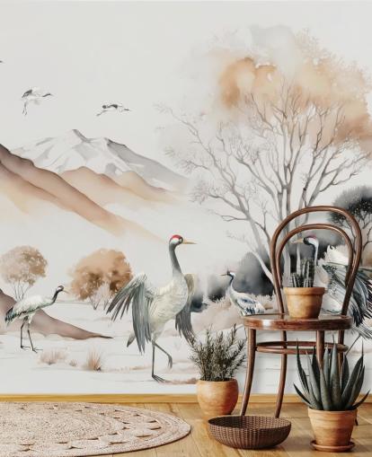 Oriental Wallpaper with cranes doing the Hokkaido dance