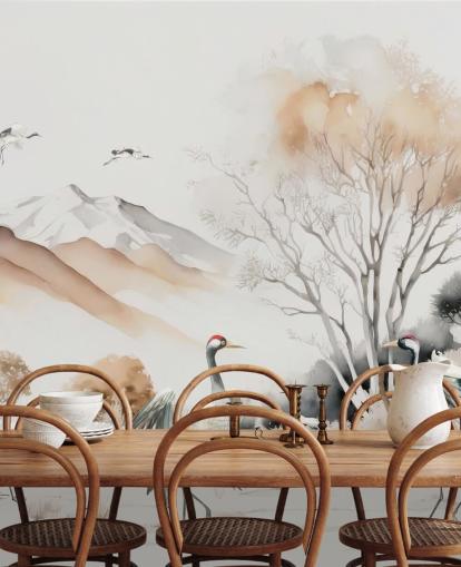 Papel pintado oriental con grullas bailando Hokkaido