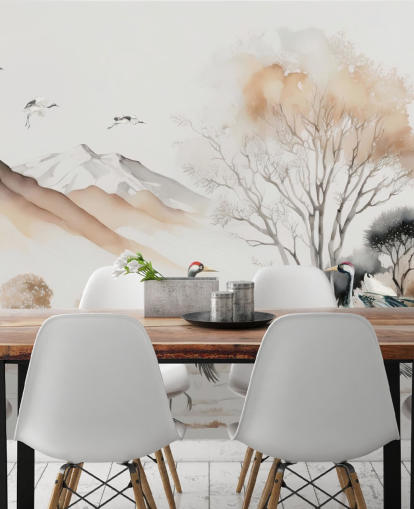 Papel de parede oriental com guindastes fazendo a dança de Hokkaido