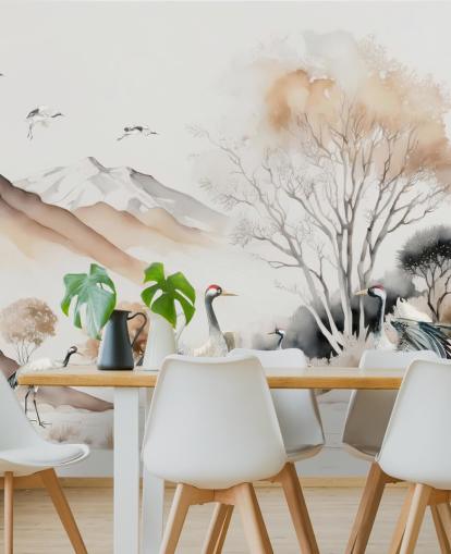 Oriental Wallpaper with cranes doing the Hokkaido dance