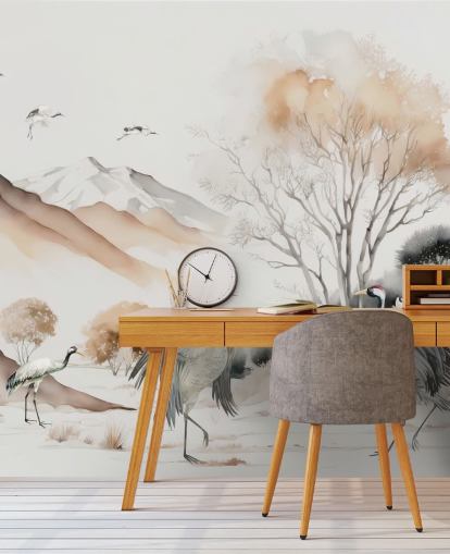 Oosters behang met kraanvogels die de Hokkaido-dans doen