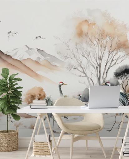 Papel pintado oriental con grullas bailando Hokkaido