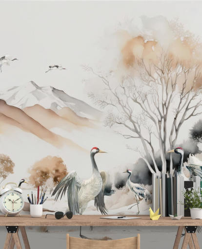 Oriental Wallpaper with cranes doing the Hokkaido dance