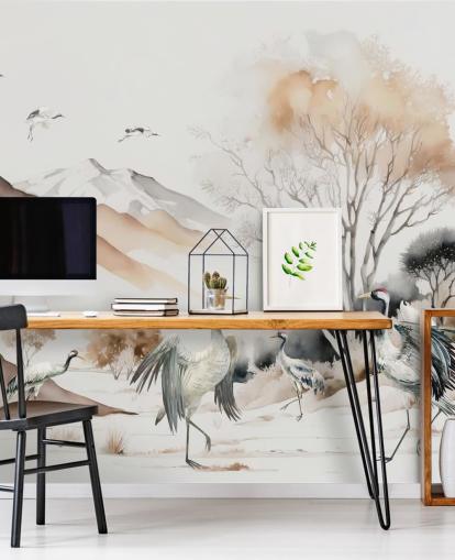 Oriental Wallpaper with cranes doing the Hokkaido dance