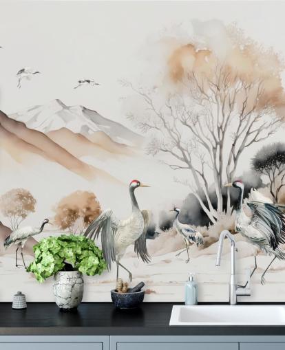 Oriental Wallpaper with cranes doing the Hokkaido dance