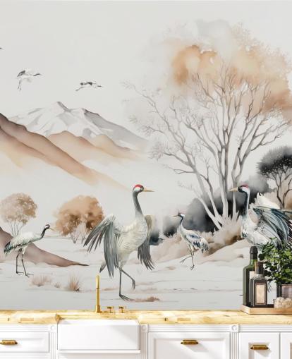 Orientalsk tapet med kraner, der laver Hokkaido-dansen Orientalsk tapet med kraner, der laver Hokkaido-dansen