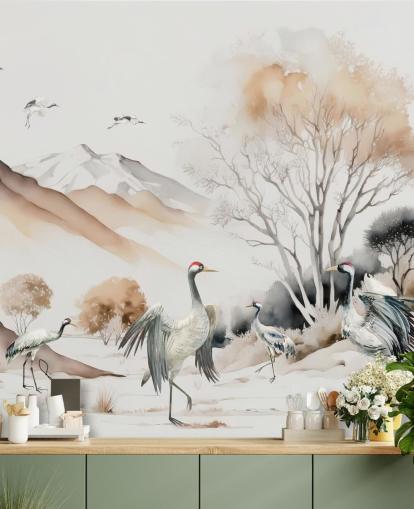 Papel de parede oriental com guindastes fazendo a dança de Hokkaido Papel de parede oriental com guindastes fazendo a dança de Hokkaido