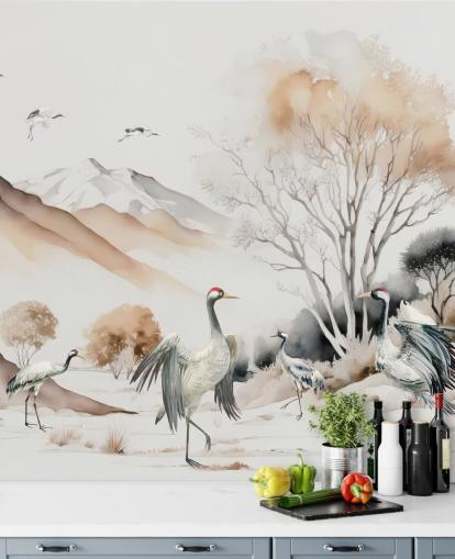 Oosters behang met kraanvogels die de Hokkaido-dans doen Oosters behang met kraanvogels die de Hokkaido-dans doen