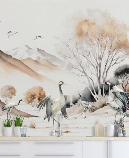 Oriental Wallpaper with cranes doing the Hokkaido dance