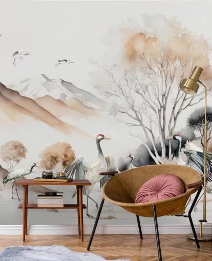 Oriental Wallpaper with cranes doing the Hokkaido dance