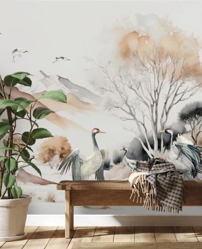 Papier peint oriental avec des grues faisant la danse d'Hokkaido
