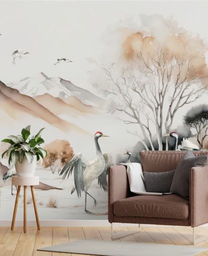 Papel pintado oriental con grullas bailando Hokkaido