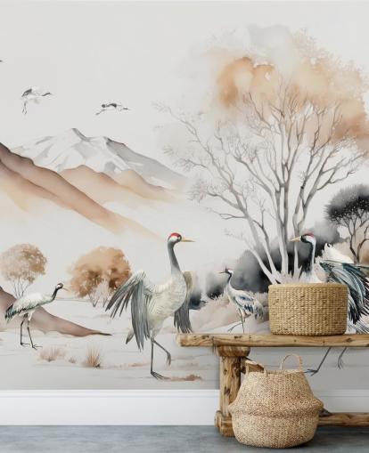 Oriental Wallpaper with cranes doing the Hokkaido dance Oriental Wallpaper with cranes doing the Hokkaido dance