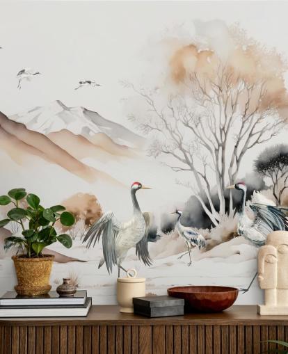 Oriental Wallpaper with cranes doing the Hokkaido dance