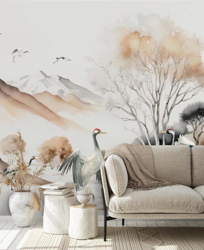 Oriental Wallpaper with cranes doing the Hokkaido dance