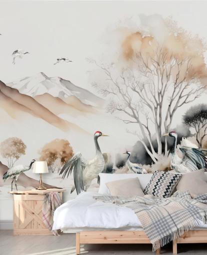 Oriental Wallpaper with cranes doing the Hokkaido dance