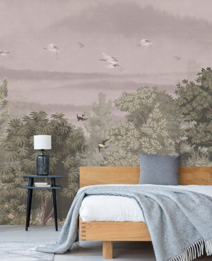 Oriental Wallpaper with flying birds above trees