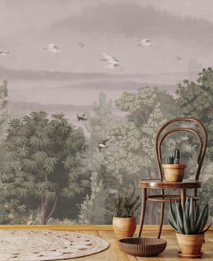 Papier peint oriental avec des oiseaux volants au-dessus des arbres
