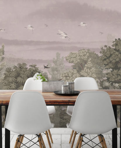 Oriental Wallpaper with flying birds above trees Oriental Wallpaper with flying birds above trees