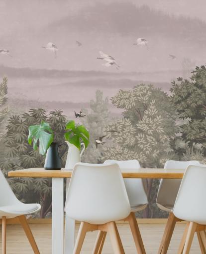 Carta da parati orientale con uccelli in volo sopra gli alberi