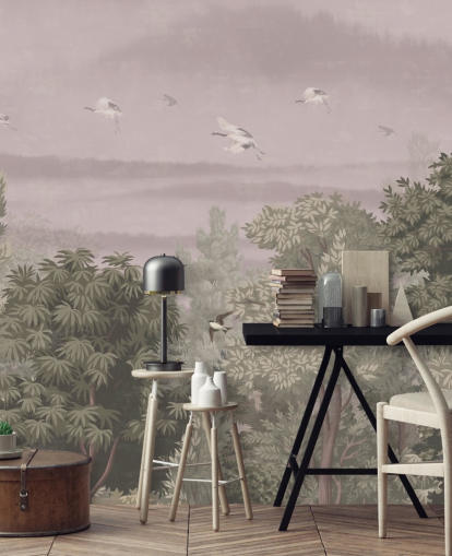 Oriental Wallpaper with flying birds above trees Oriental Wallpaper with flying birds above trees