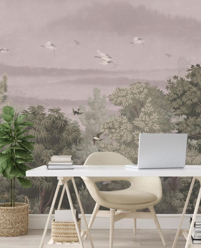 Papier peint oriental avec des oiseaux volants au-dessus des arbres