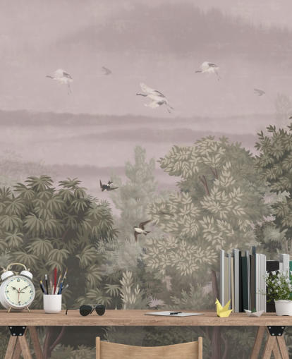 Oosters behang met vliegende vogels boven bomen Oosters behang met vliegende vogels boven bomen