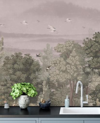 Oriental Wallpaper with flying birds above trees