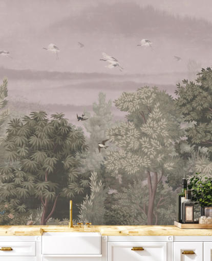 Oriental Wallpaper with flying birds above trees