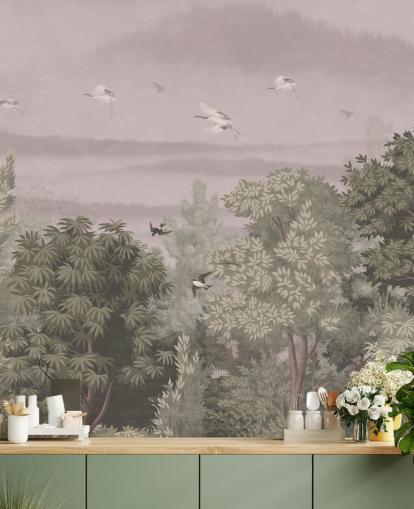 Oosters behang met vliegende vogels boven bomen