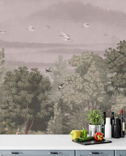 Papier peint oriental avec des oiseaux volants au-dessus des arbres