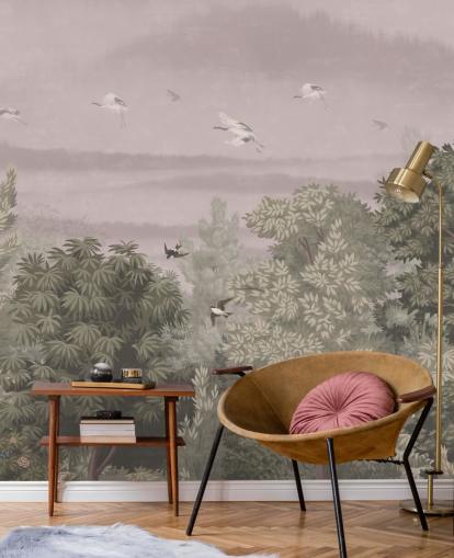 Oriental Wallpaper with flying birds above trees