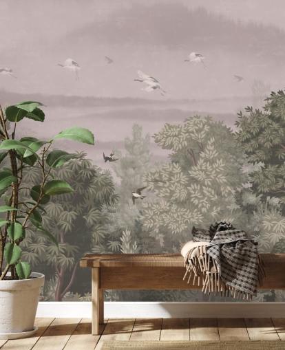 Oosters behang met vliegende vogels boven bomen